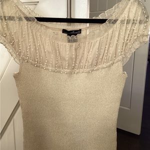 Gold Willi Smith top with illusion netting with pearls and tiny clear beading S